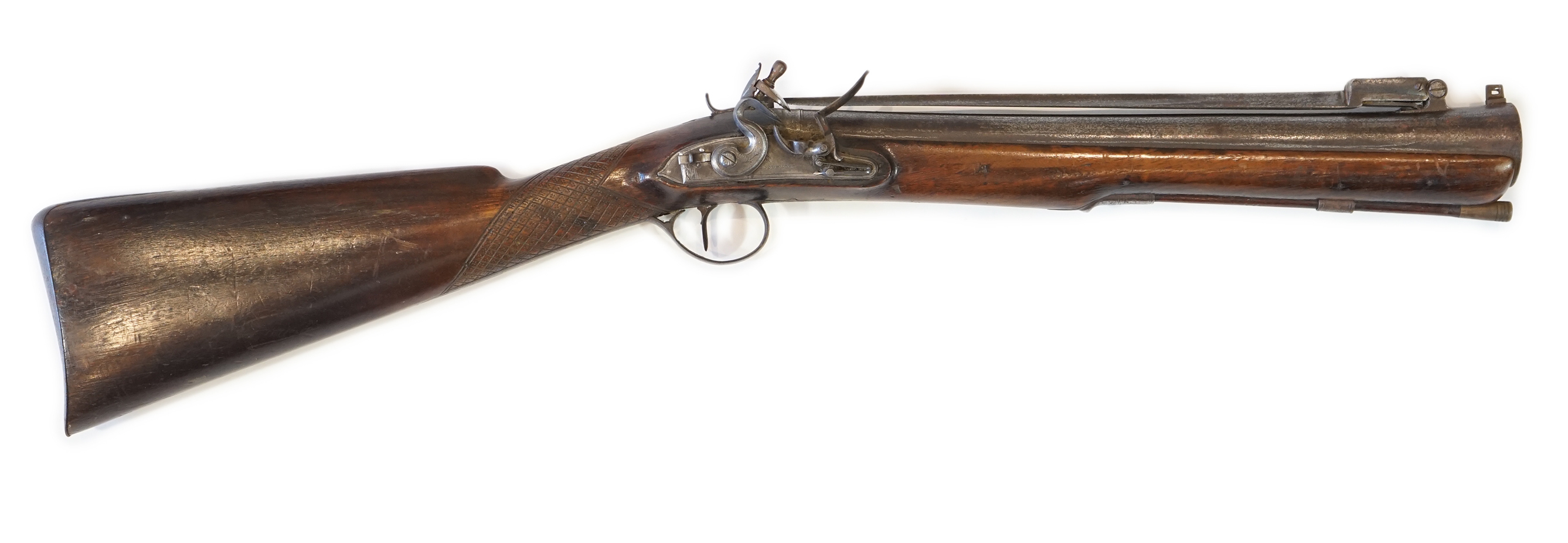 An iron barrelled flintlock blunderbuss by Goodwin of London, fitted with a top spring bayonet